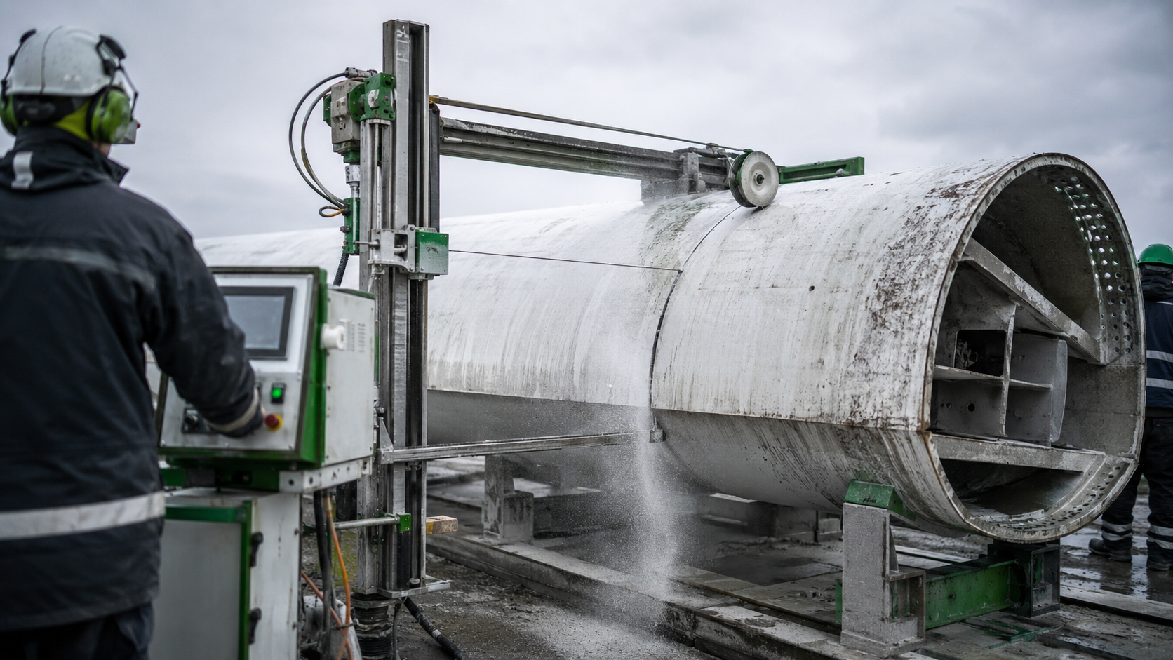 On-site wind turbine blade cutting scene