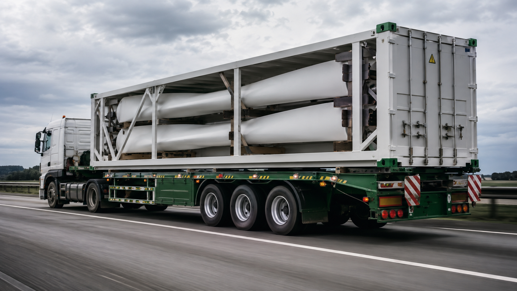 Transport of wind turbine blade section on flatbed truck