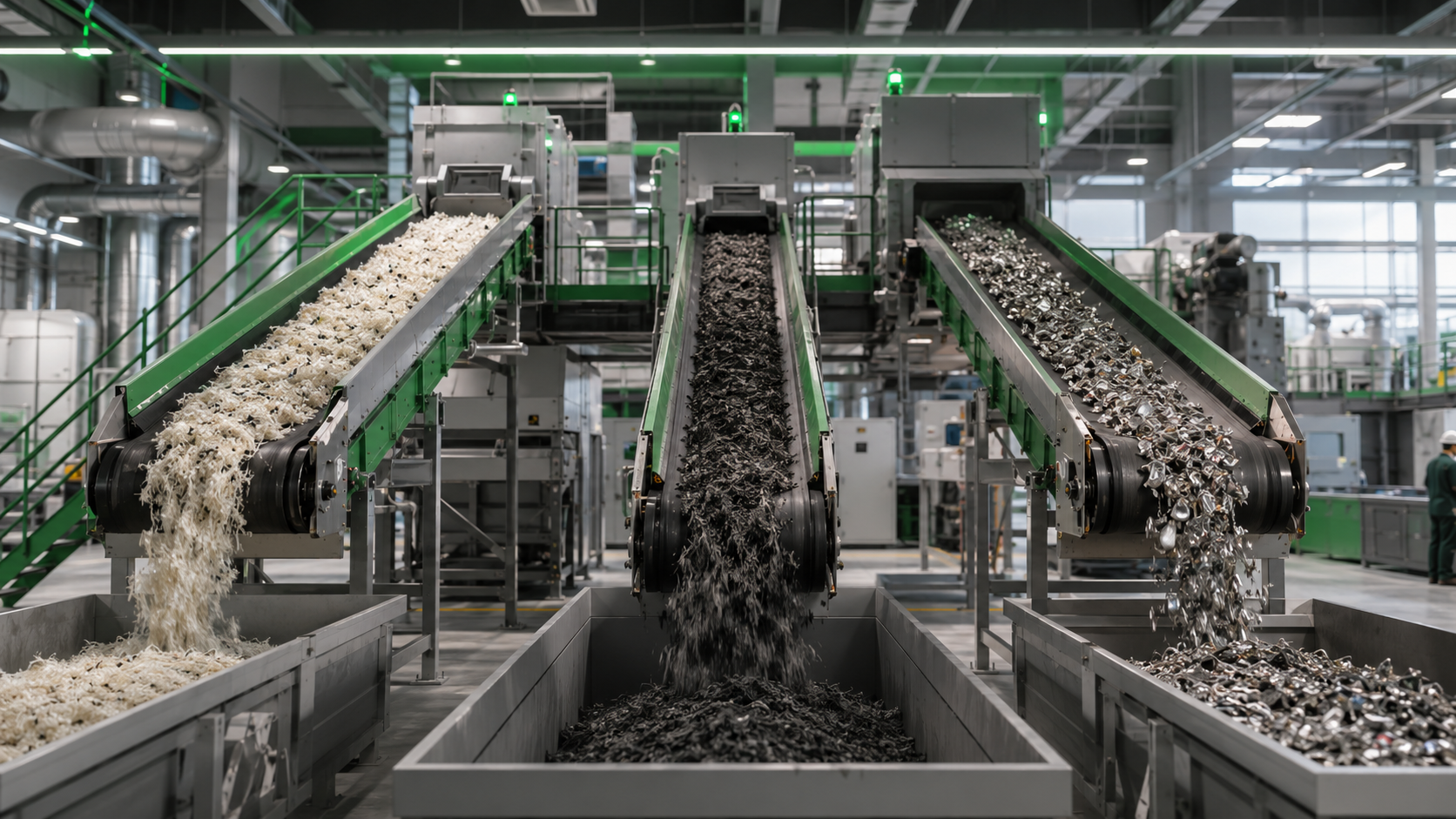 Material separation plant with fiberglass carbon fiber and steel bins